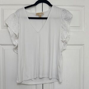 Michael Kors White V-Neck Blouse with Lace Sleeves